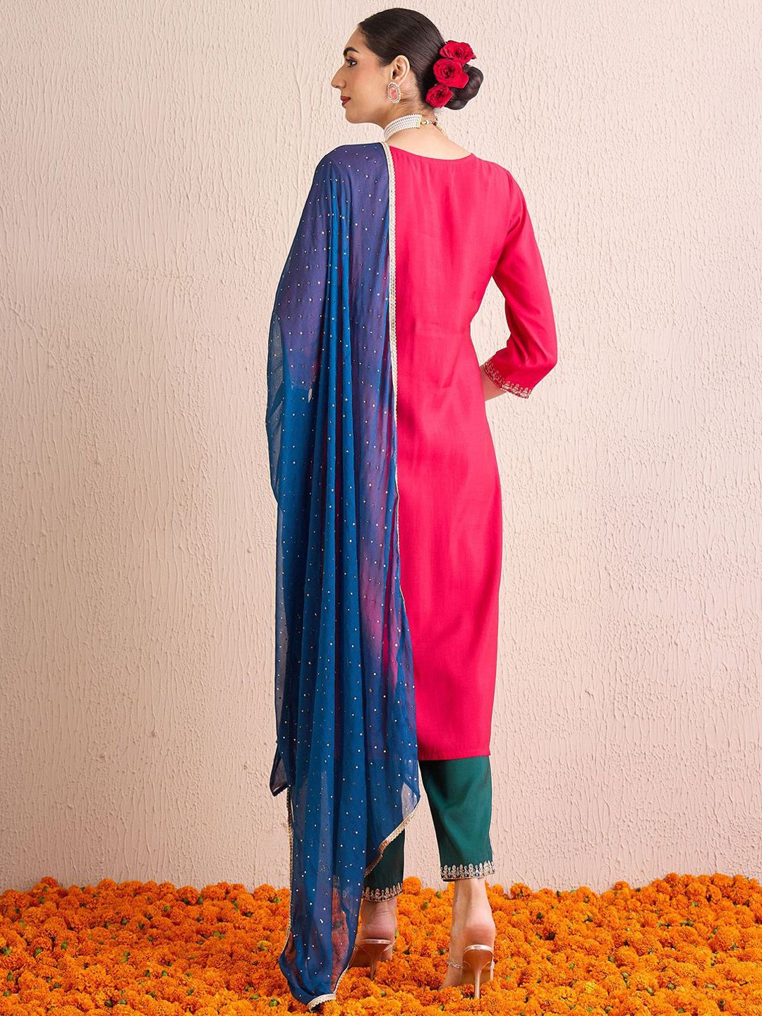 Dhiyona IE Women Ethnic Motifs Embroidered Regular Kurta with Trousers & With Dupatta