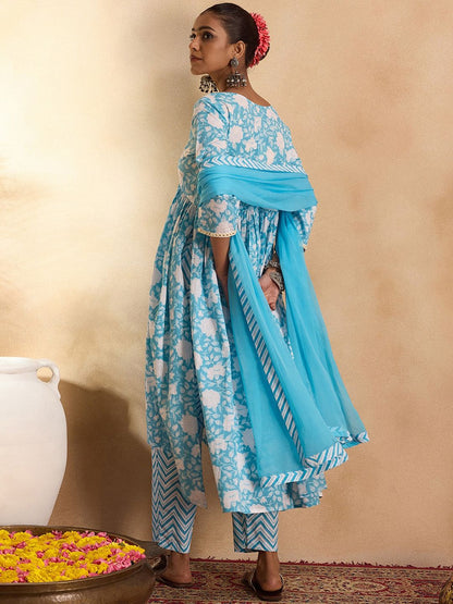 Floral Printed Empire Mirror Work Cotton A-Line Kurta with Trousers & Dupatta