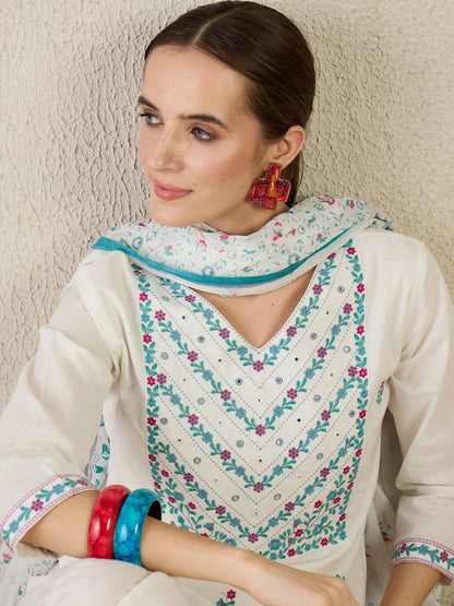 Women Floral Embroidered Cotton Kurta with Trousers & Dupatta