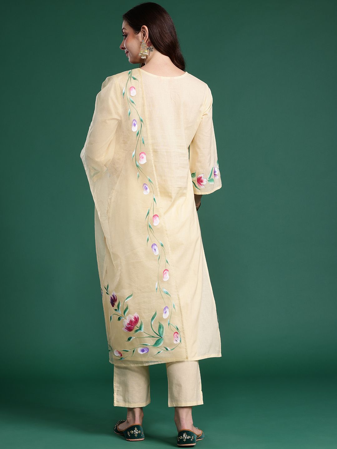 Floral Embroidered Pure Cotton Kurta with Trousers & Dupatta