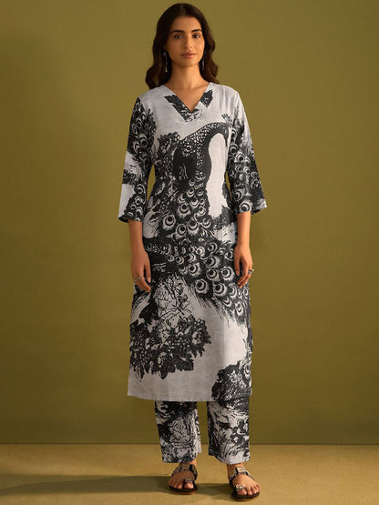 Floral Printed V-Neck Straight Kurta With Trousers