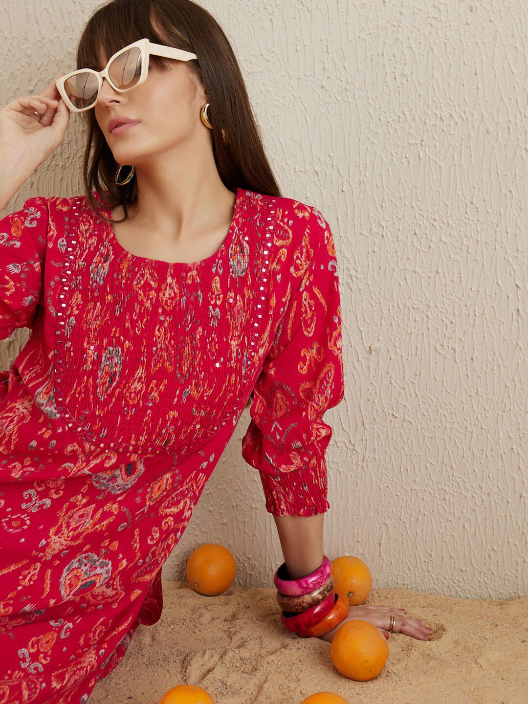 Dhiyona IE Ethnic Motifs Printed Round Neck Thread Work Straight Kurta