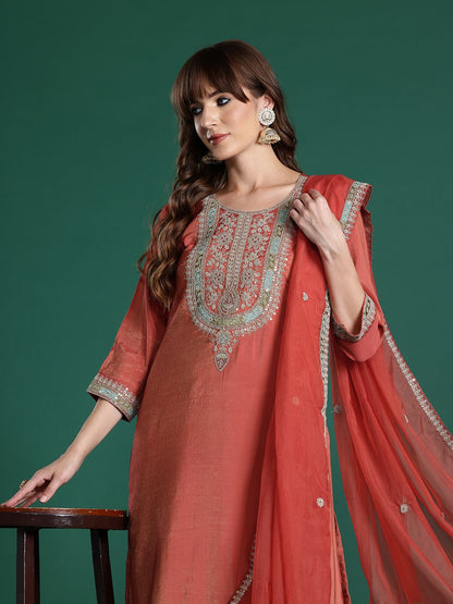 Ethnic Motifs Embroidered Sequinned Kurta with Trousers & With Dupatta
