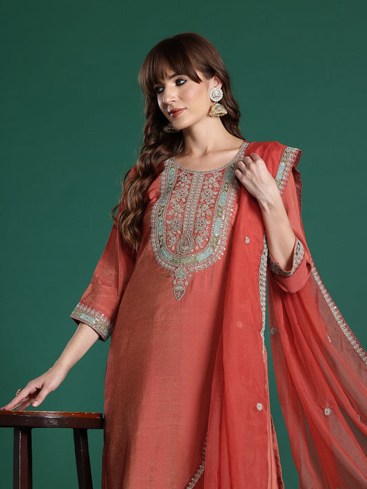 Ethnic Motifs Embroidered Sequinned Kurta with Trousers & With Dupatta