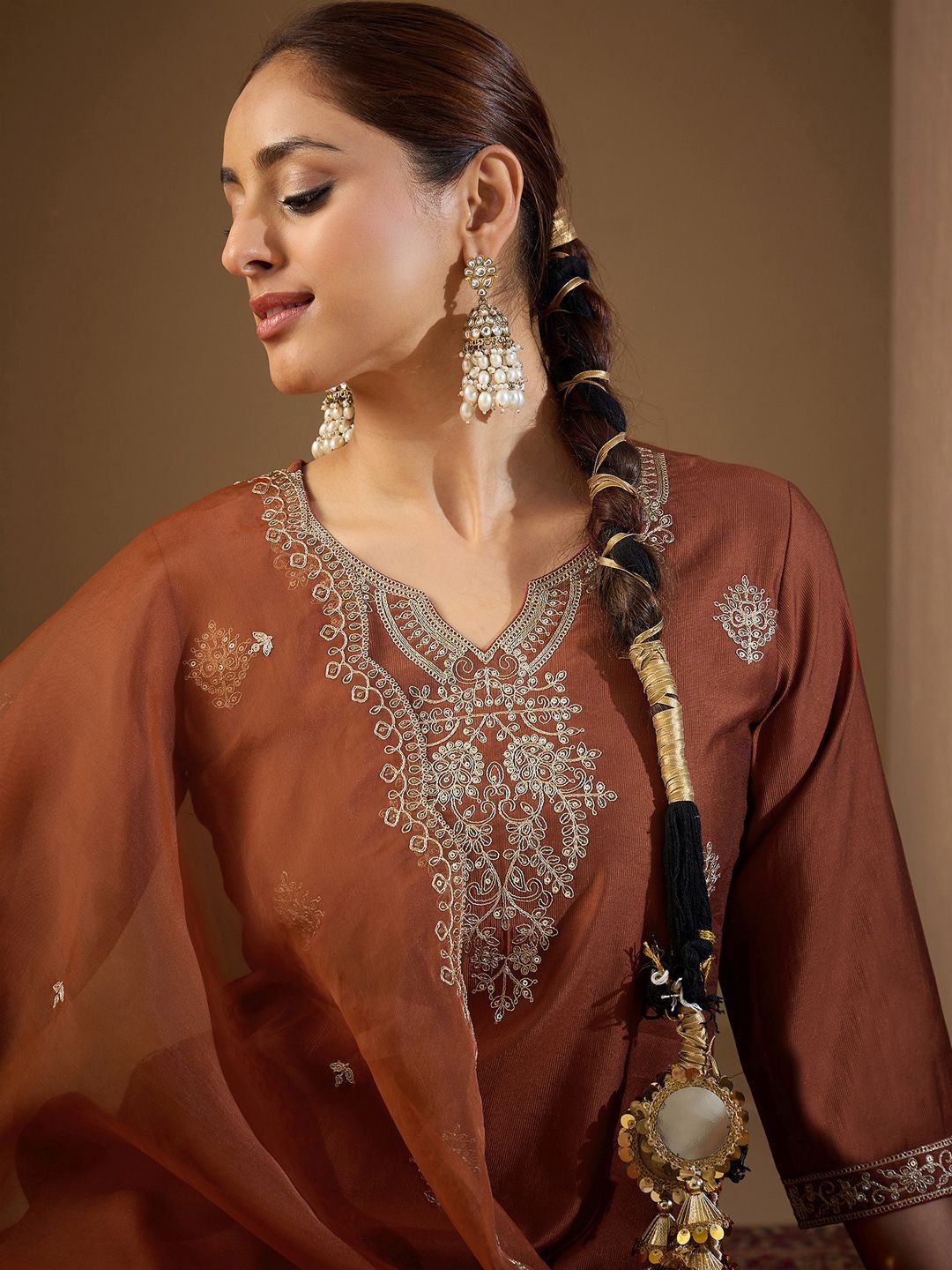 Dhiyona IE Women Ethnic Motifs Embroidered Regular Liva Kurta with Trousers & With Dupatta