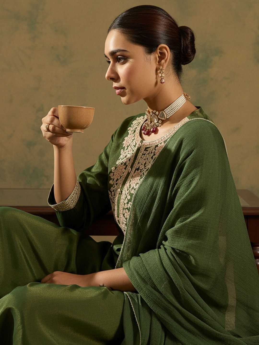 Floral Embroidered Thread Work Straight Kurta With Trouser & Dupatta