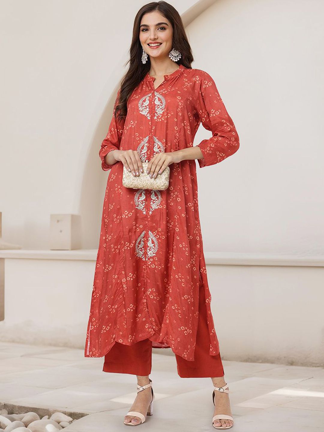 Dhiyona IS Women's Bandhani Printed Mandarin Collar A-Line Kurta With Trousers