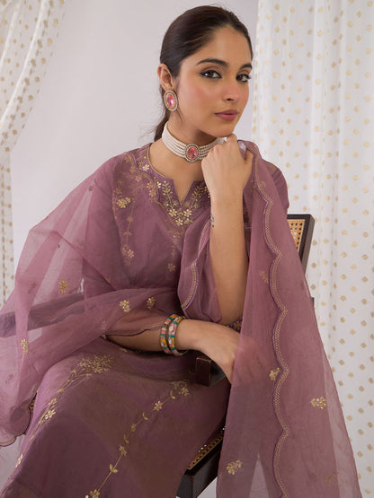 Dhiyona IE Floral Embroidered Notch Neck Zari Straight Kurta With Trouser And Dupatta