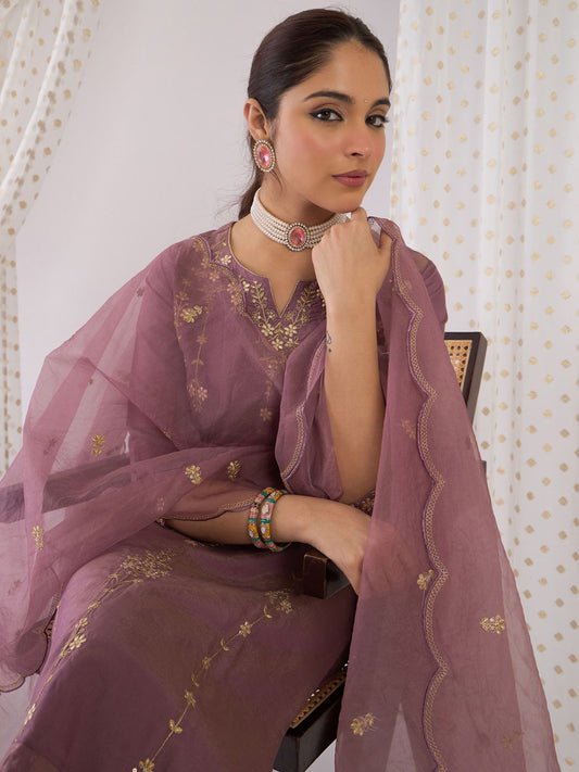 Dhiyona IE Floral Embroidered Notch Neck Zari Straight Kurta With Trouser And Dupatta