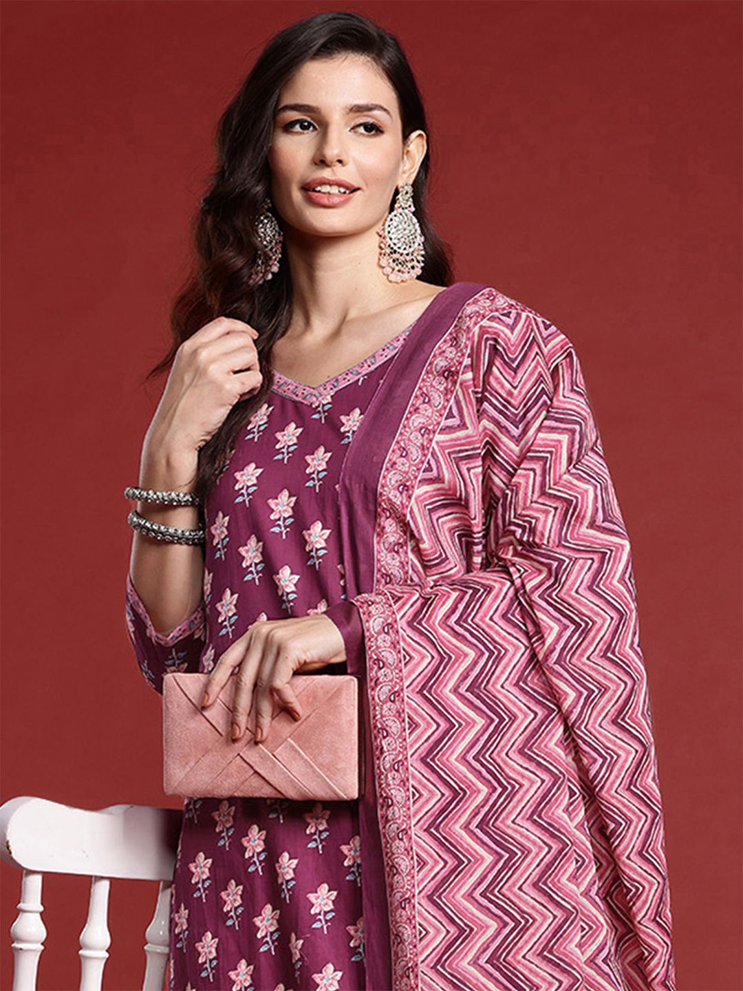 Dhiyona IE Floral Printed Pure Cotton Kurta With Trousers & Dupatta