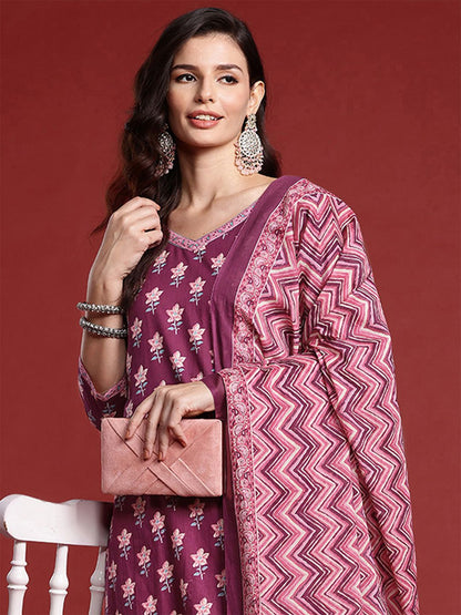 Dhiyona IE Floral Printed Pure Cotton Kurta With Trousers & Dupatta