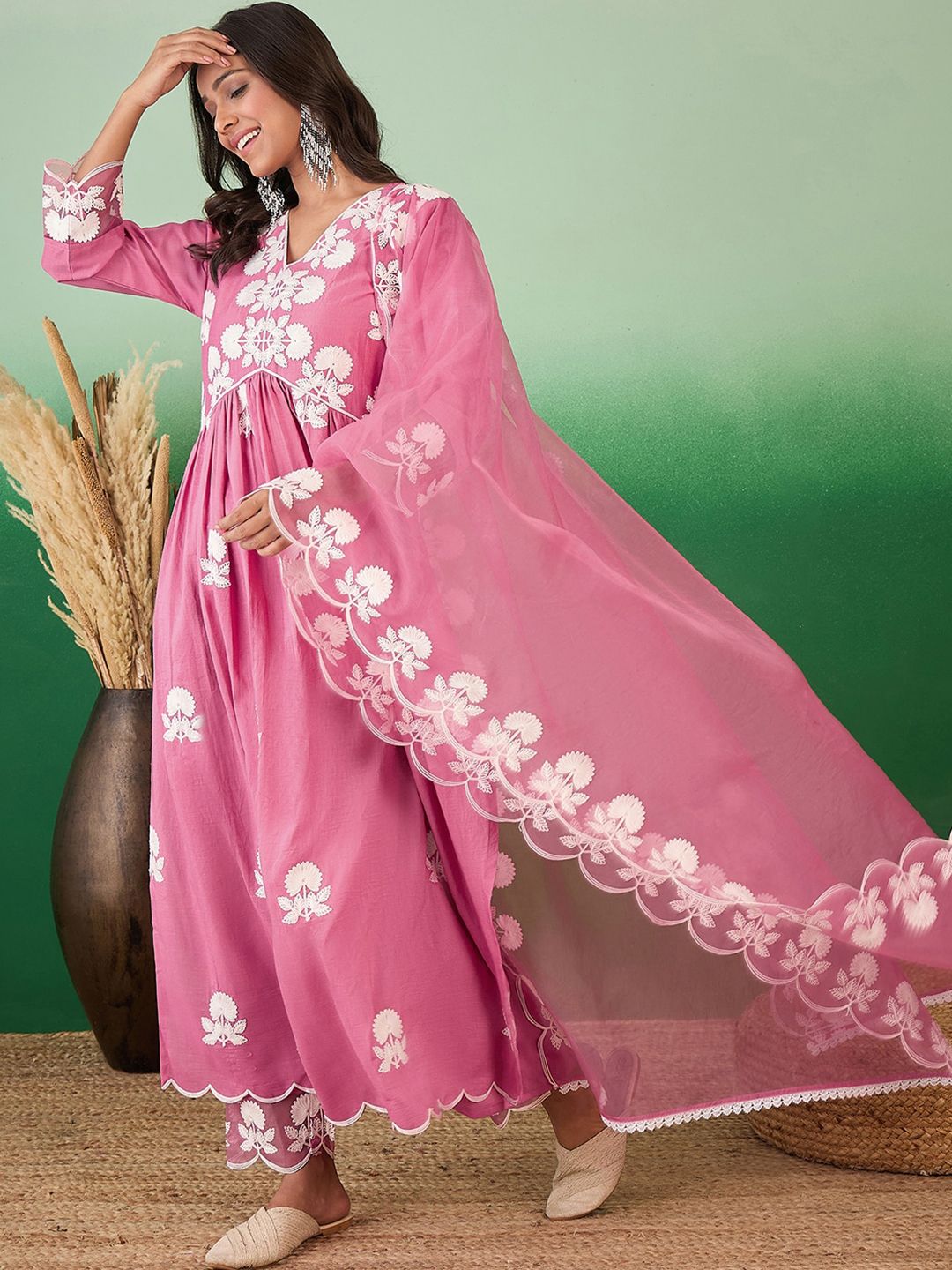 Dhiyona SN Women's Floral Embroidered V-Neck A-Line Kurta With Trousers & Dupatta