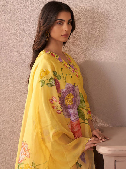 Dhiyona IE Floral Yoke Design V-Neck Thread Work Liva Straight Kurta With Trousers & Dupatta