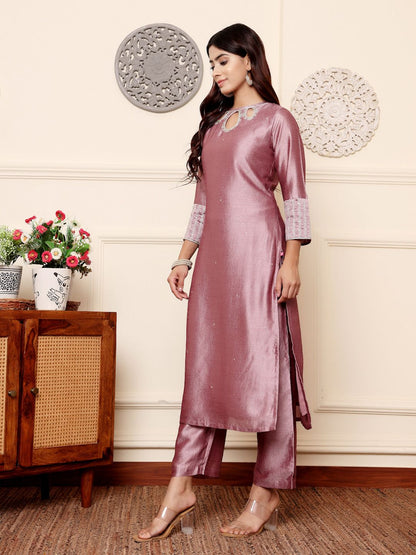 Dhiyona VA Women'sLavender Sequinned Straight Kurta with Trousers & Dupatta