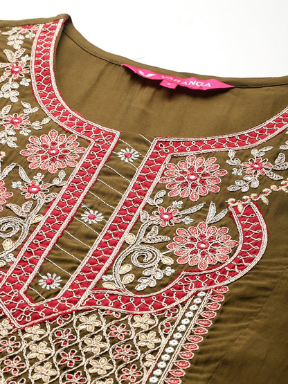 Dhiyona VA Women'sFloral Embroidered Zari Panelled Kurta With Palazzos & Dupatta