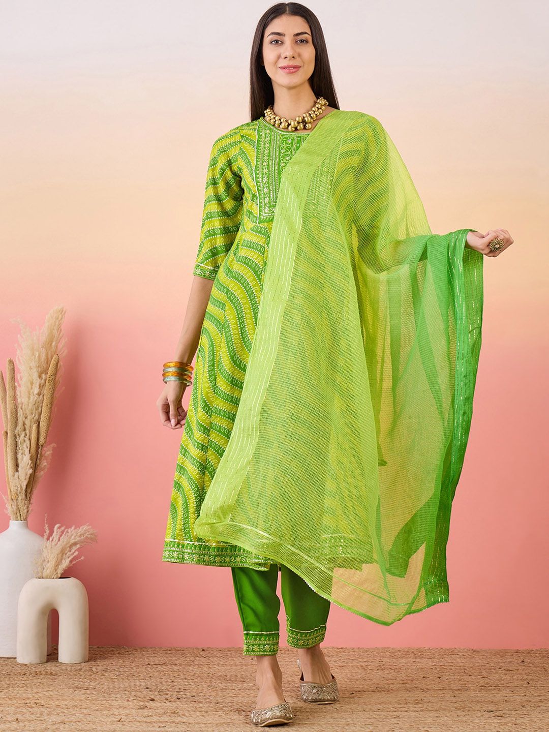 Dhiyona SN Women's Green Bandhani Printed Sequinned Anarkali Kurta With Trouser & Dupatta