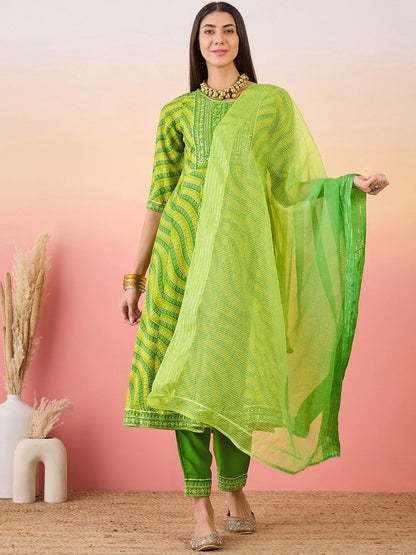 Dhiyona SN Women's Green Bandhani Printed Sequinned Anarkali Kurta With Trouser & Dupatta
