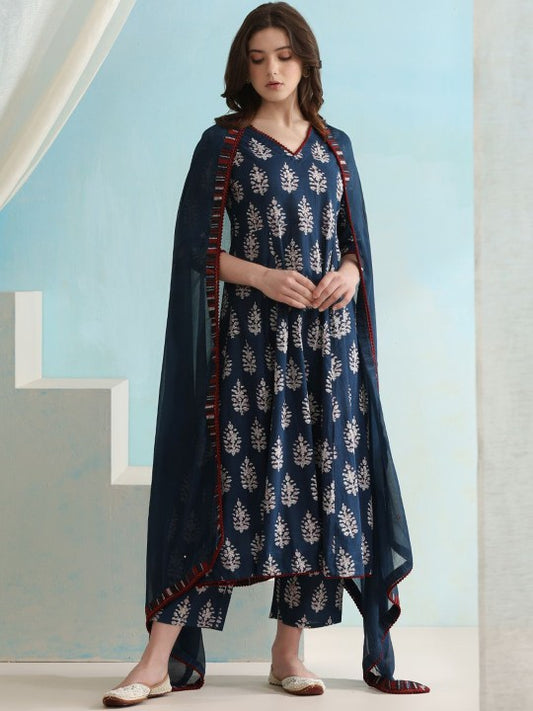 Women's Ethnic Motifs Printed V-Neck Pure Cotton A-Line Kurta with Palazzos & Dupatta