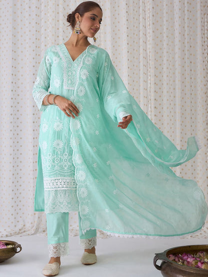 Dhiyona IE Floral Embroidered Regular Thread Work Pure Cotton Straight Kurta Set