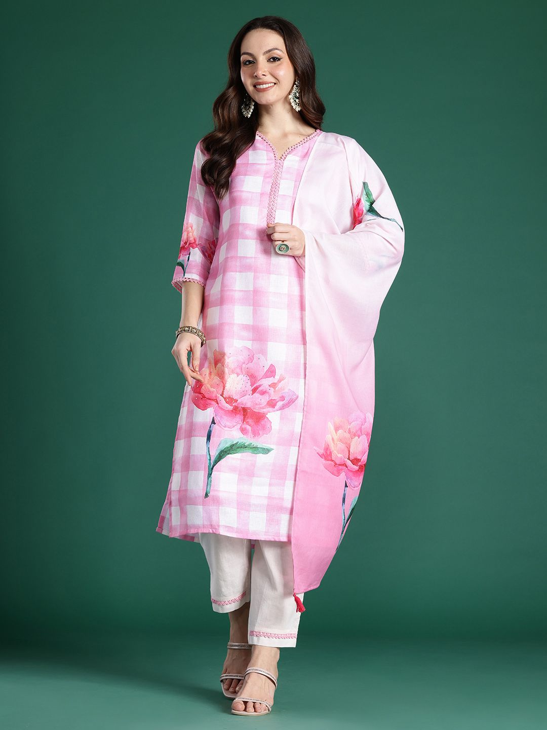 Dhiyona IE Floral Printed Beads and Stones Linen Kurta with Trousers & With Dupatta