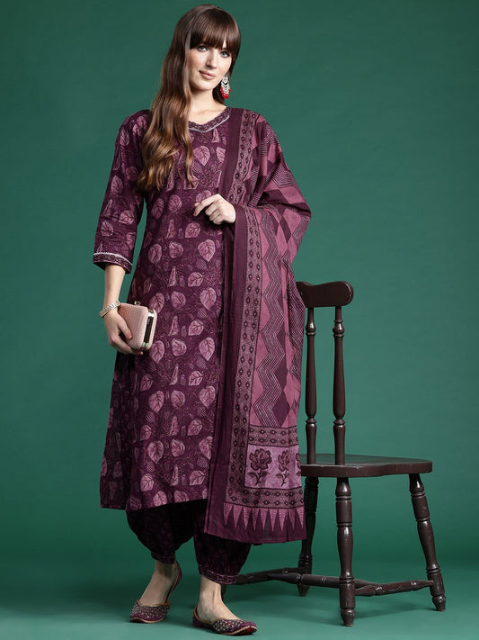 Dhiyona IE Floral Printed Gotta Patti Pure Cotton Kurta With Salwar & Dupatta