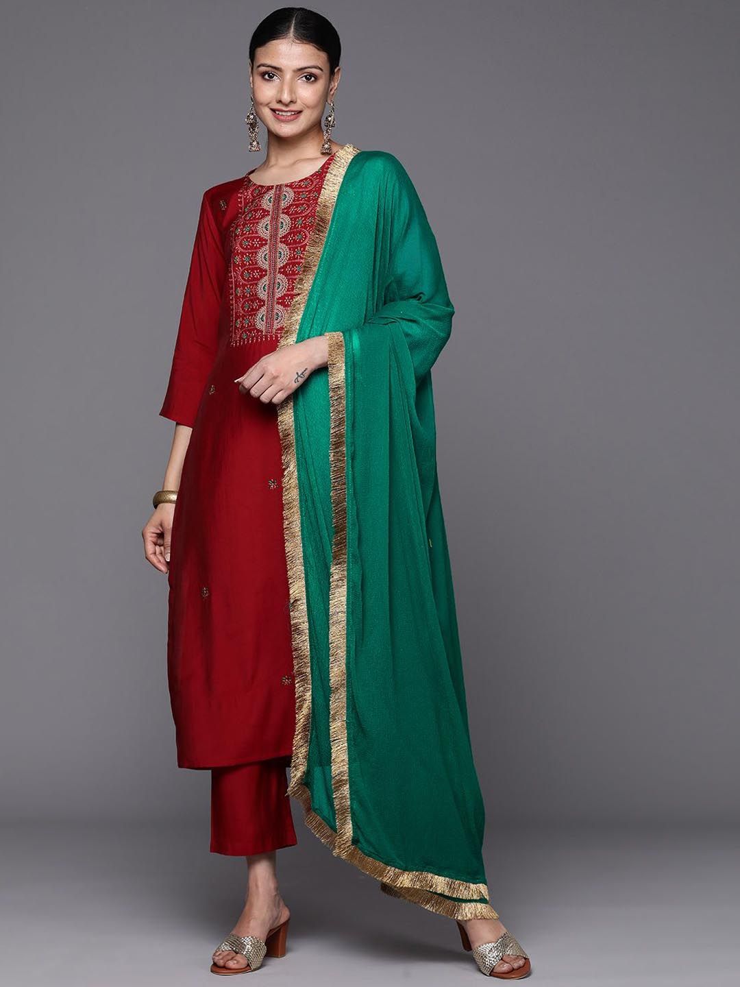 Dhiyona VA Women'sEthnic Motifs Yoke Design Thread Work Straight Kurta with Palazzo & Dupatta