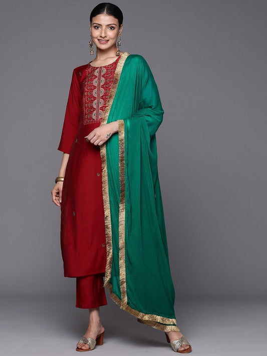 Dhiyona VA Women'sEthnic Motifs Yoke Design Thread Work Straight Kurta with Palazzo & Dupatta