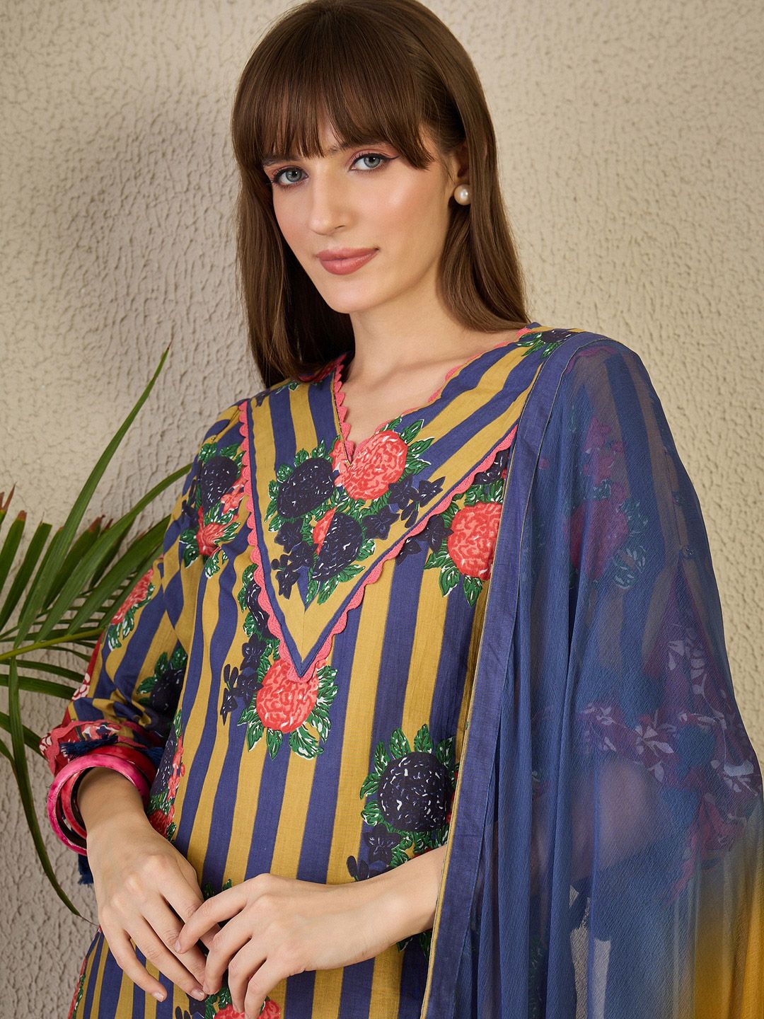 Adults-Women Floral Printed Cotton A-Line Kurta with Trousers & Dupatta