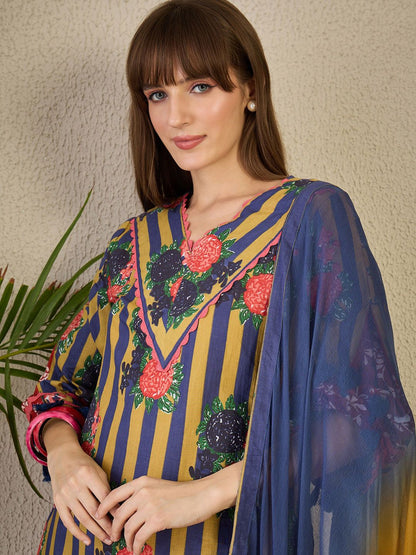 Adults-Women Floral Printed Cotton A-Line Kurta with Trousers & Dupatta