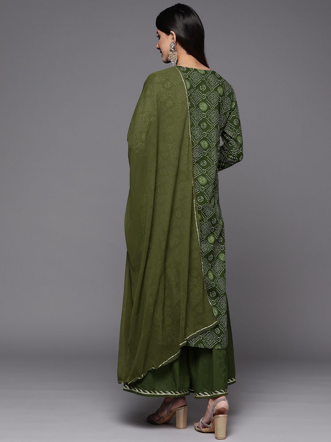 Women Green Bandhani Printed Thread Work Kurta with Sharara & With Dupatta
