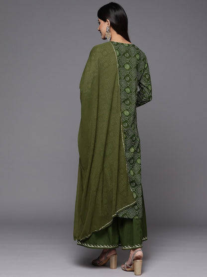 Women Green Bandhani Printed Thread Work Kurta with Sharara & With Dupatta
