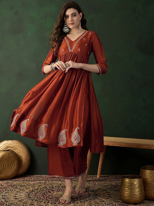 Dhiyona SN Women's Rust Brown Floral Embroidered Empire Anarkali Kurta With Palazzos
