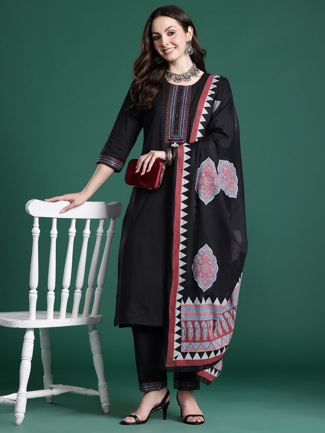 Embroidered Regular Beads & Stones Pure Cotton Kurta with Trousers & With Dupatta