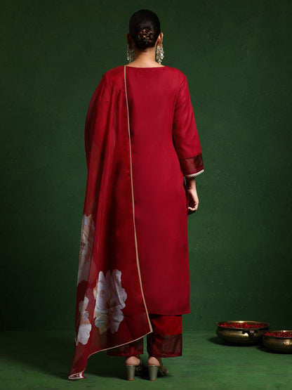 Dhiyona VA Women'sThread Work V-Neck Straight Kurta With Trousers And Dupatta