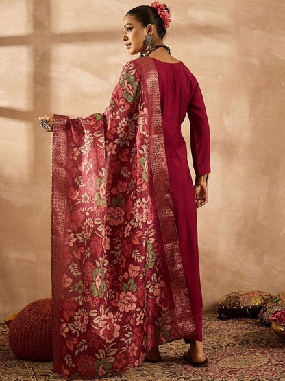 Dhiyona IE Women Floral Embroidered Regular Thread Work Kurta with Trousers & With Dupatta