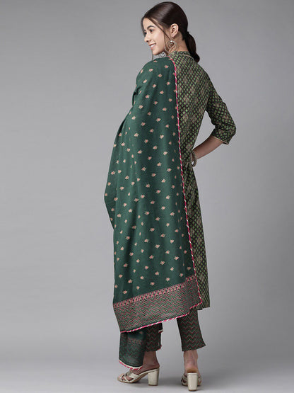 Women Green Ethnic Motifs Printed Pleated Gotta Patti Kurta with Palazzos & With Dupatta