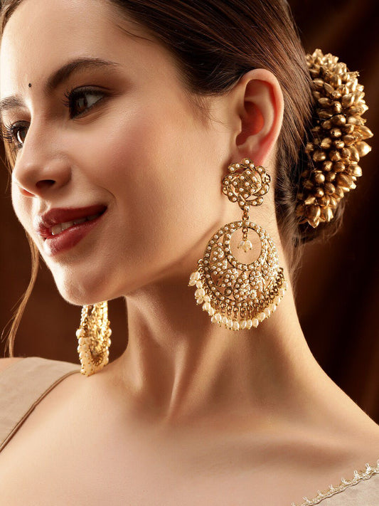 Dhiyona RJ Women's 22K Gold Plated Handcrafted Pearl Beads Traditional Big Chandbali Earrings