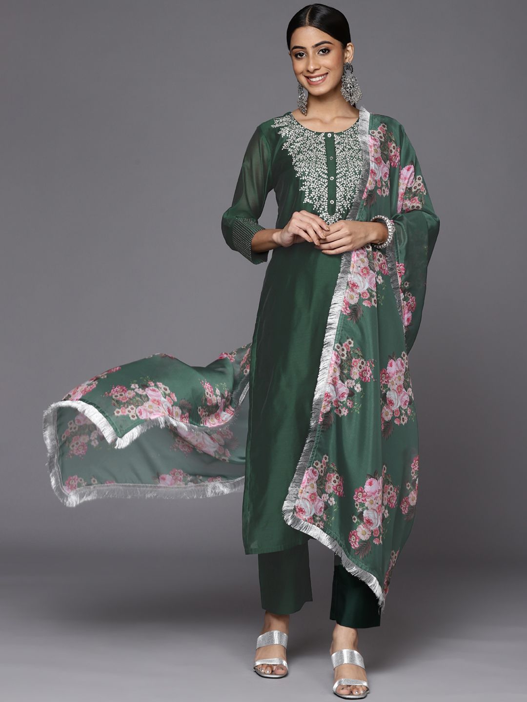 Dhiyona VA Women's Green Floral Yoke Design Chanderi Silk Kurta with Trousers & With Dupatta