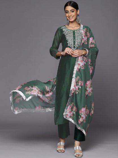 Dhiyona VA Women's Green Floral Yoke Design Chanderi Silk Kurta with Trousers & With Dupatta