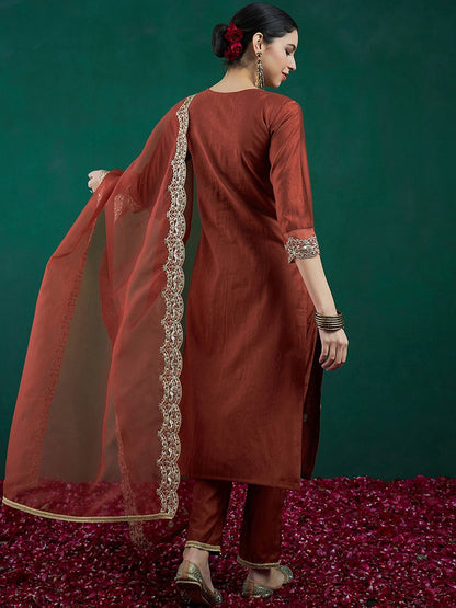 Dhiyona IE Ethnic Motifs Embroidered Regular Liva Zari Kurta With Trousers & Dupatta