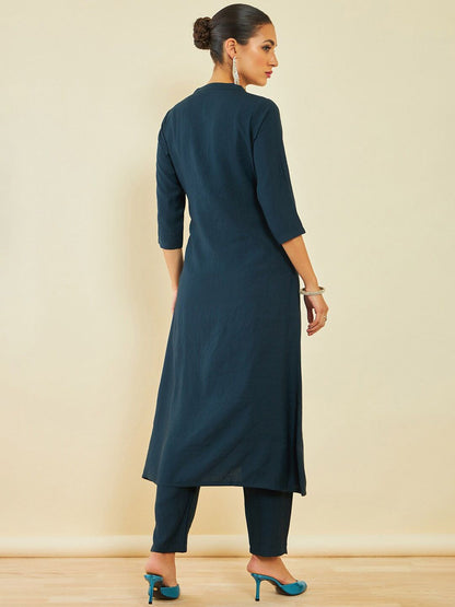 Dhiyona SO Women's Navy Blue Regular A-Line Kurta With Trousers