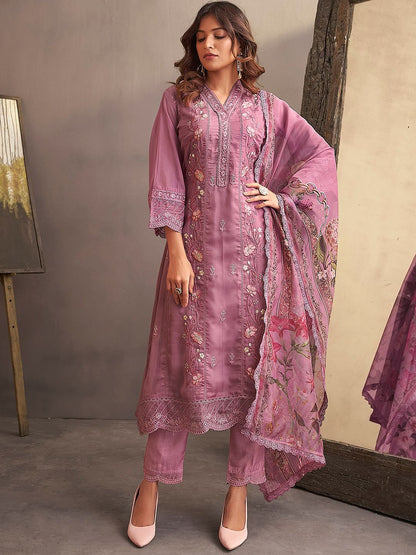 Floral Embroidered Regular Thread Work Kurta With Trousers & Dupatta