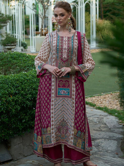 Floral Printed Mirror Work Liva A-Line Kurta with Palazzos & Dupatta