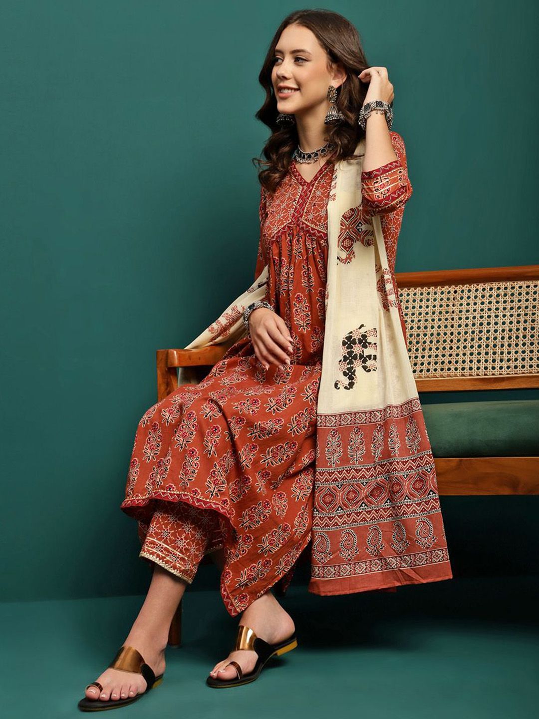 Dhiyona SN Women's Floral Printed Gotta Patti Pure Cotton Anarkali Kurta With Trousers & Dupatta