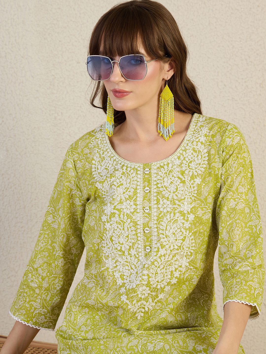 Dhiyona IE Embroidered Pure Cotton Round Neck Top With Trousers Co-Ords