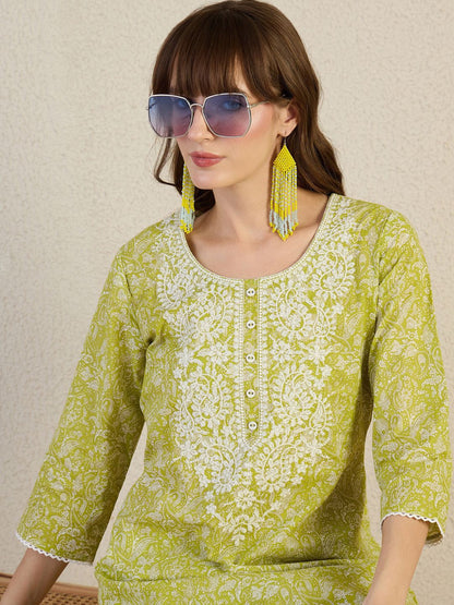 Dhiyona IE Embroidered Pure Cotton Round Neck Top With Trousers Co-Ords
