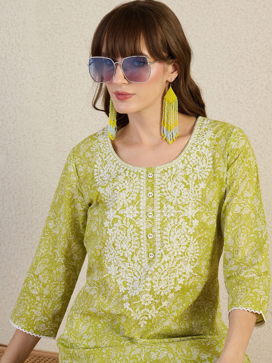 Dhiyona IE Embroidered Pure Cotton Round Neck Top With Trousers Co-Ords