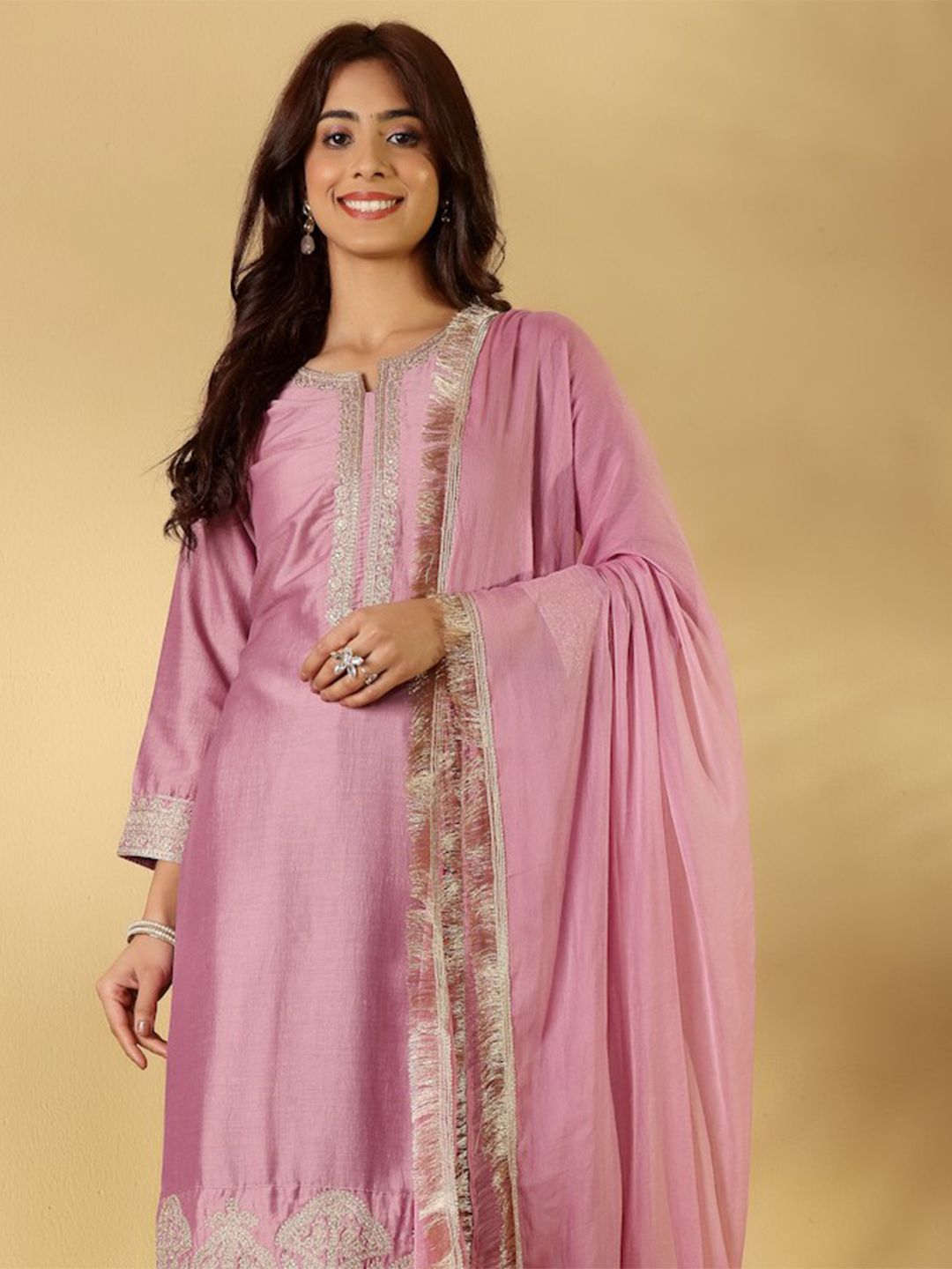 Dhiyona PD Women Embroidered Notch-Neck Straight Kurta With Trousers And Dupatta