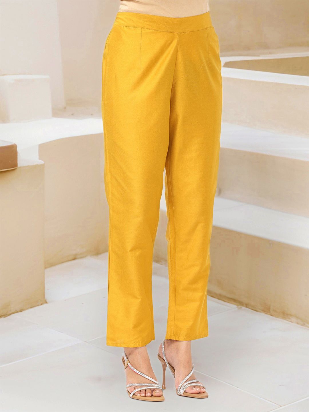 Dhiyona IS Women's Yellow Embroidered Sequinned Silk Crepe Anarkali Kurta With Trousers & Dupatta