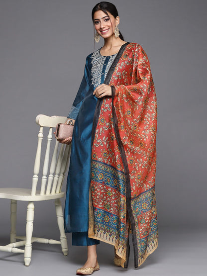 Dhiyona VA Women'sYoke Design Zari Work Chanderi Silk Straight Kurta with Trouser & Dupatta